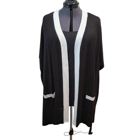 Karl Lagerfeld Paris Black W/Cream Trim Knit Open Cardigan Sweater Size OS - Picture 2 of 8